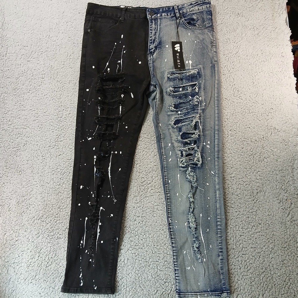 Waimea 2-Tone‎ Black White Holes Paint Splatter Skinny Fit Jeans 40 X 33 NWT
